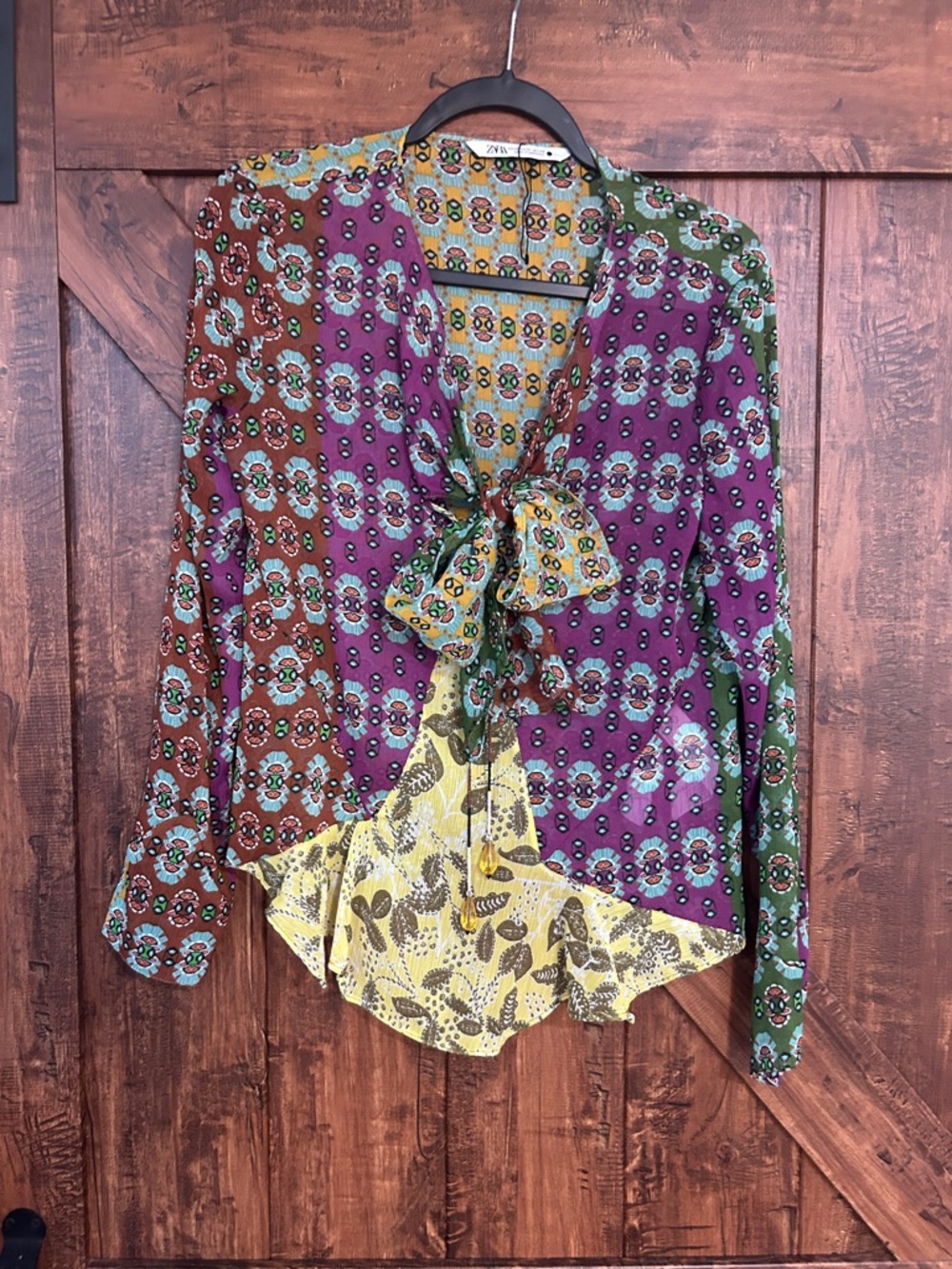 Zara Purple, Green, Brown & Yellow Printed Tie-Neck Blouse - Picture 5 of 10